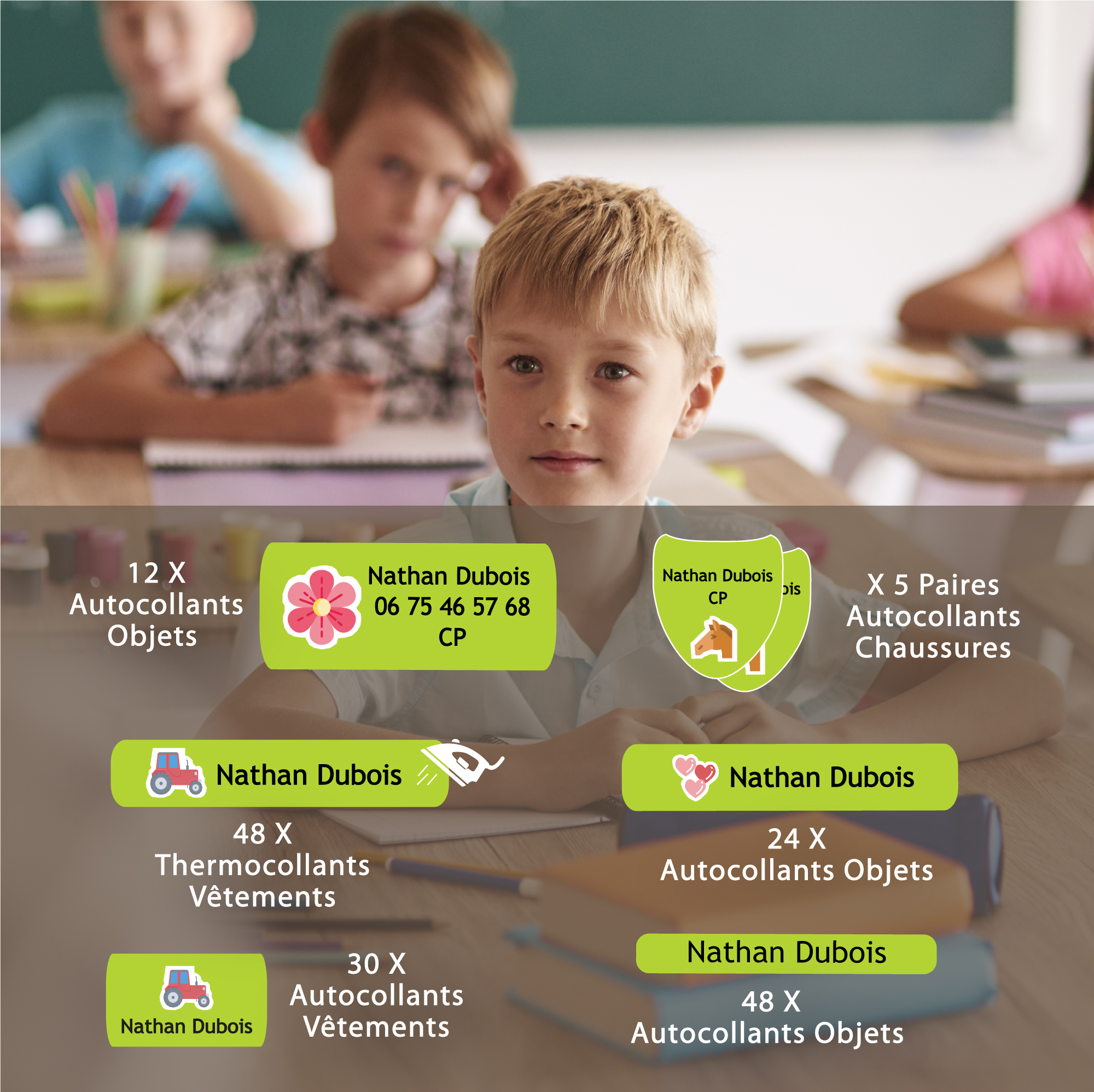 étiquettes vêtements et objets enfant du pack d'étiquettes école marquage du linge Marcabi avec en arrière plan une salle de classe