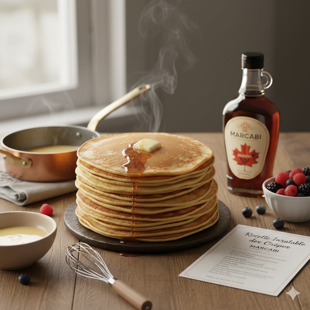 une pile de crêpes fumantes et dorées vues de dessus avec la recette inratable marcabi posée à côté sur une table en bois et du beurre fondant sur la première cr^pe